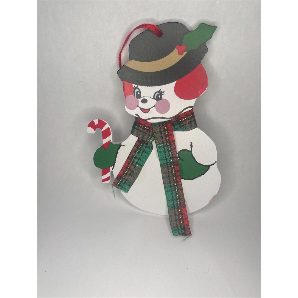 Vintage 1988 Kurt Adler Wooden Snowman With Candy Cane Christmas Ornament 5"